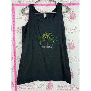 Gildan ST. KITTS Black Tank with Green and Yellow Rhinestone Palm Trees